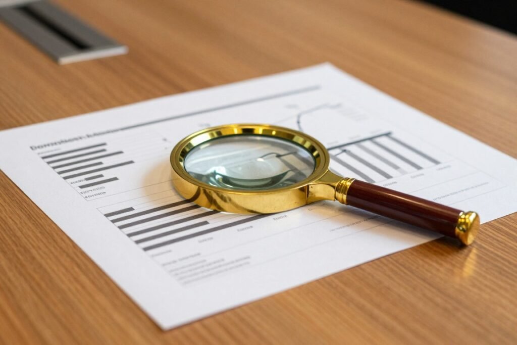 A magnifying glass resting on clean printed documents