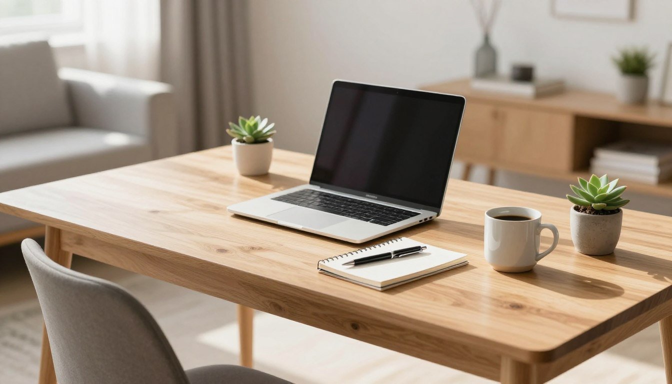 A modern home office desk with a laptop and open notepad