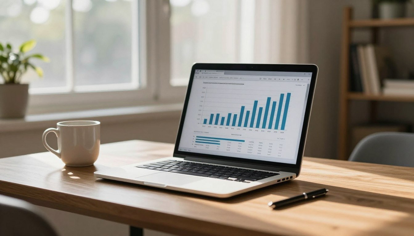 A modern wooden desk featuring a clean laptop workspace and analytical graphs