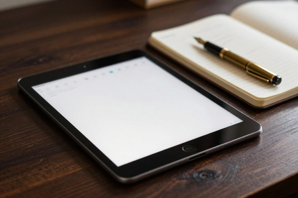A notebook and pen beside a tablet displaying data metrics