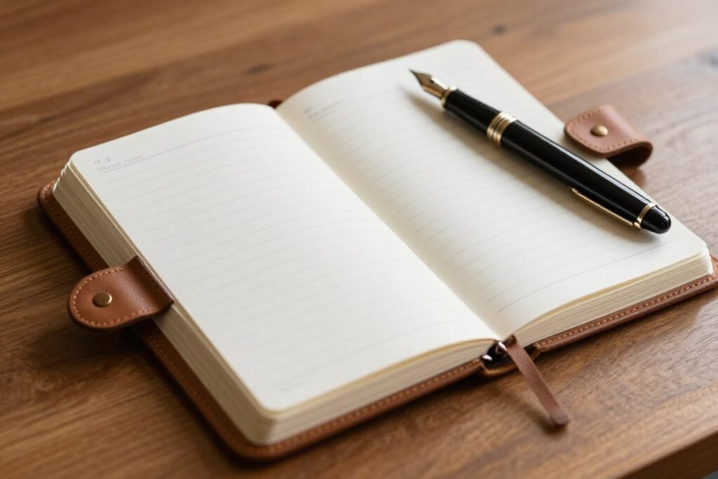 A notebook opened to clean handwritten business notes beside a fountain pen A notebook opened to clean handwritten business notes beside a fountain pen