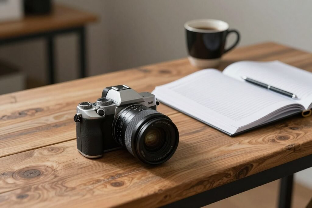 A professional camera and notebook on a wooden table