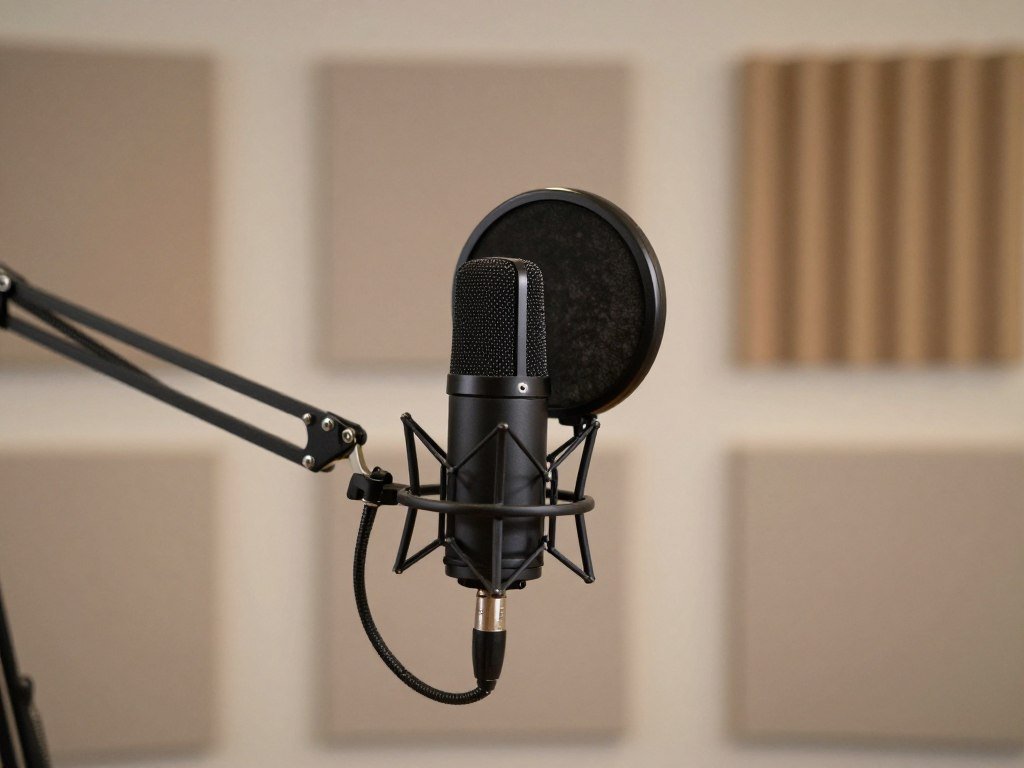 A professional desktop microphone set up for podcast recording A professional desktop microphone set up for podcast recording