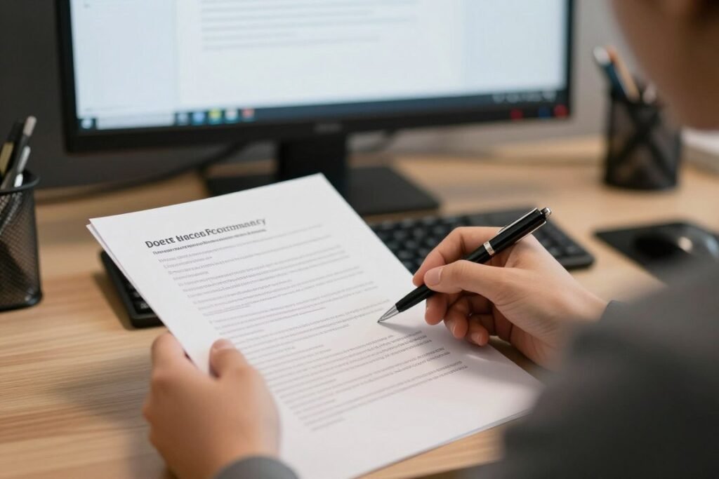 A professional reviewing marketing guidelines on an office desk