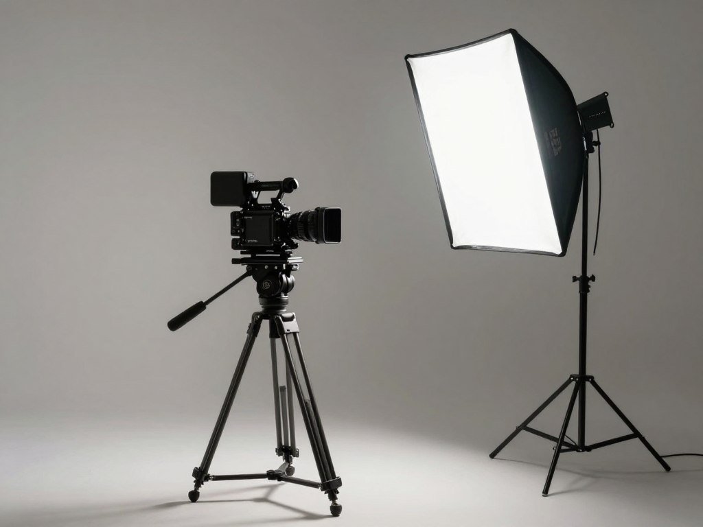 A video production camera setup facing a clean studio background A video production camera setup facing a clean studio background