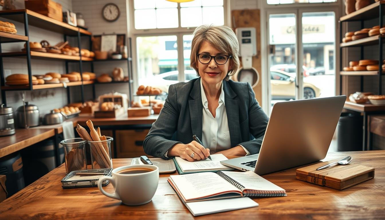 Bakery owner planning digital marketing for a new location